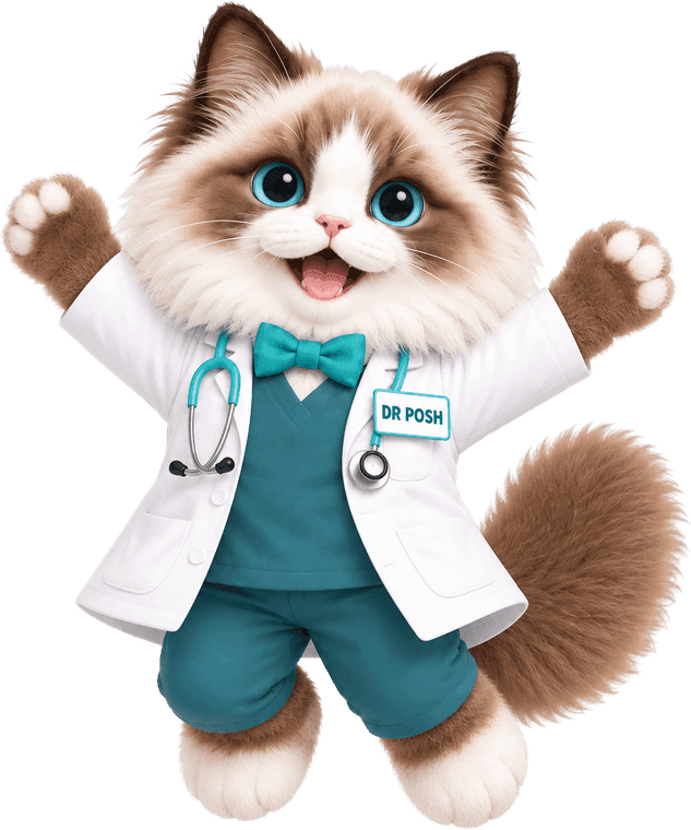 Dr. Posh, the Paws Totties cat, celebrating